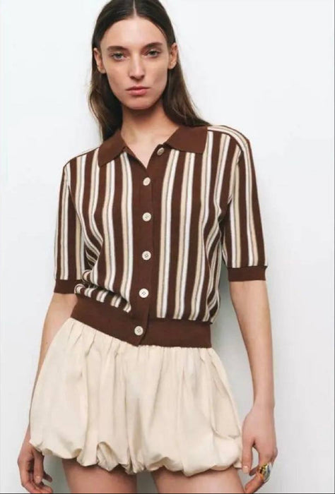 Zara Kahverengi Çizgili Kadın Polo Yaka T-shirt S