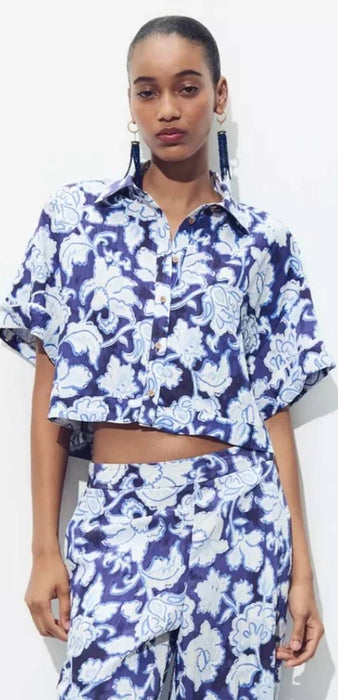 Zara Mavi Çiçek Desenli Kadın Pantolon XL
