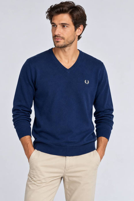 Fred Perry Mavi Erkek V Yaka Yün Kazak L