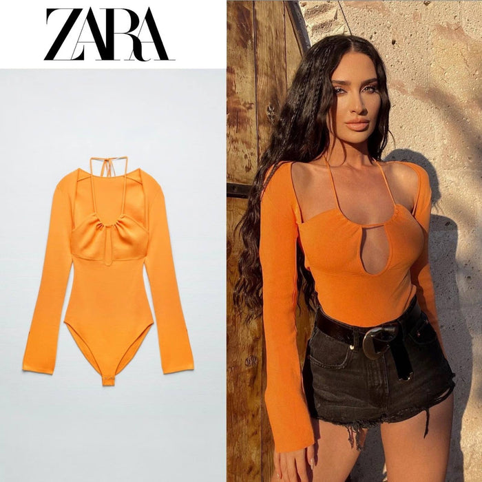 Zara turuncu kadın uzun kollu göğüs dekolteli