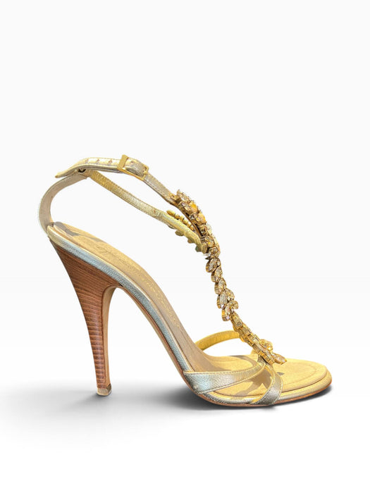 Giuseppe Zanotti Gold Kadın Deri Bilekten Bağlamalı Taş Detaylı Topuklu Ayakkabı 38