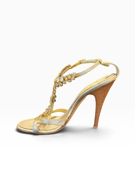 Giuseppe Zanotti Gold Kadın Deri Bilekten Bağlamalı Taş Detaylı Topuklu Ayakkabı 38