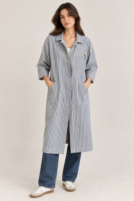 Pull&Bear Mavi Beyaz Kadın Çizgili Denim Uzun Ceket S