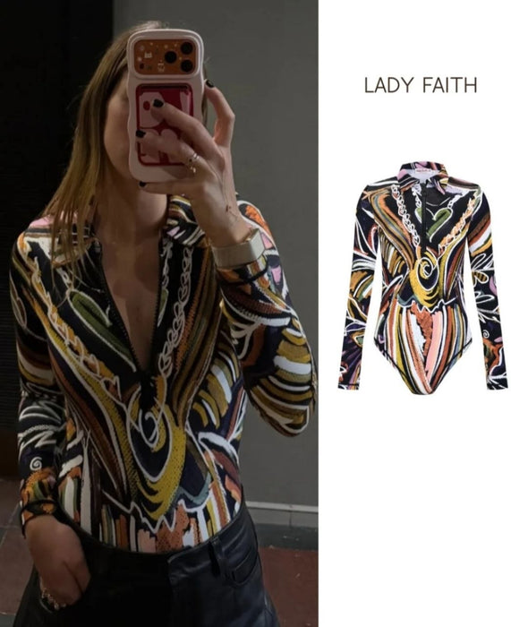 Lady Faith Çok Renkli Kadın Fermuarlı Uzun Kollu Dönüşüm Tanrıçası Body XS