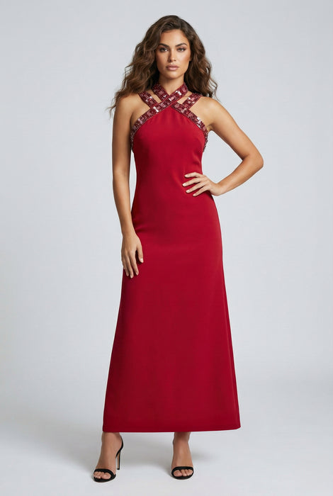 DCEY Kırmızı Kadın Taşlı Elbise S