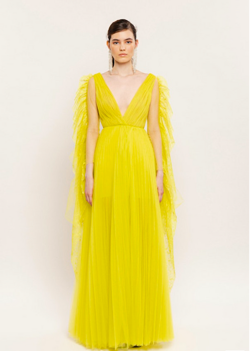 Sudi Etuz Neon Sarı Maksi Tül Kadın Elbise S