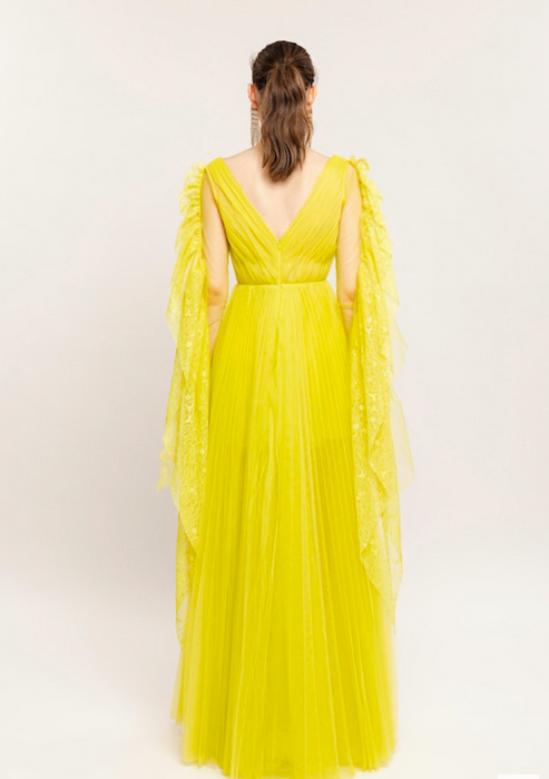 Sudi Etuz Neon Sarı Maksi Tül Kadın Elbise S