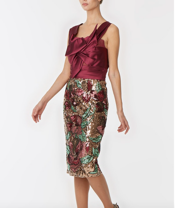 Marchesa Notte Bordo Çiçekli Payet İşlemeli Kadın Elbise S