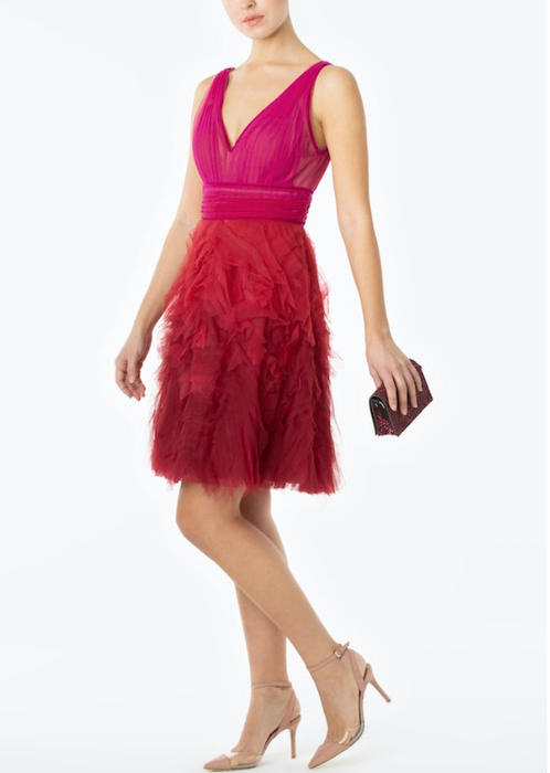 Marchesa Notte Fuşya Kırmızı Drapeli Mini Kadın Elbise S