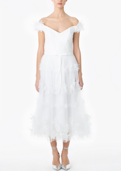 Marchesa Notte Beyaz Kayık Yaka Tül Midi Kadın Elbise M/L