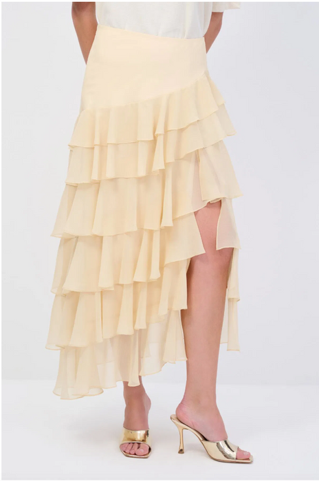 Love My Body Krem Yırtmaç Detaylı Fırfırlı Kadın Etek S