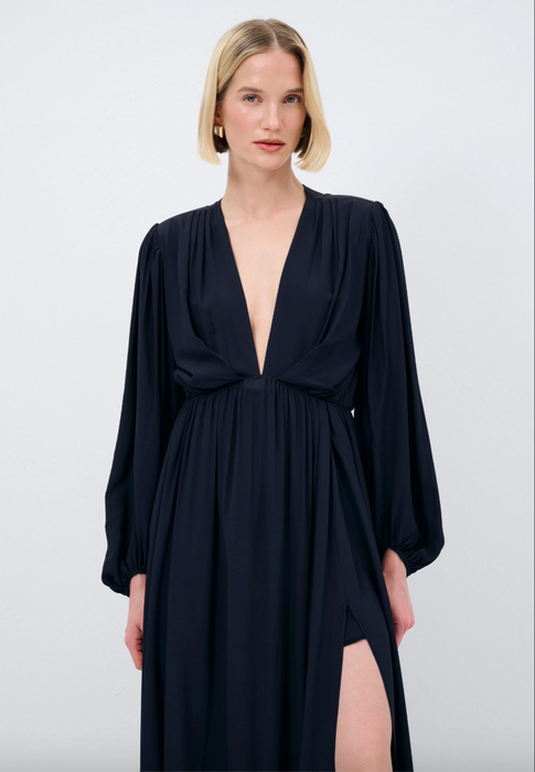 ADL Lacivert Mert Aslan Büzgülü Yırtmaçlı Elbise S