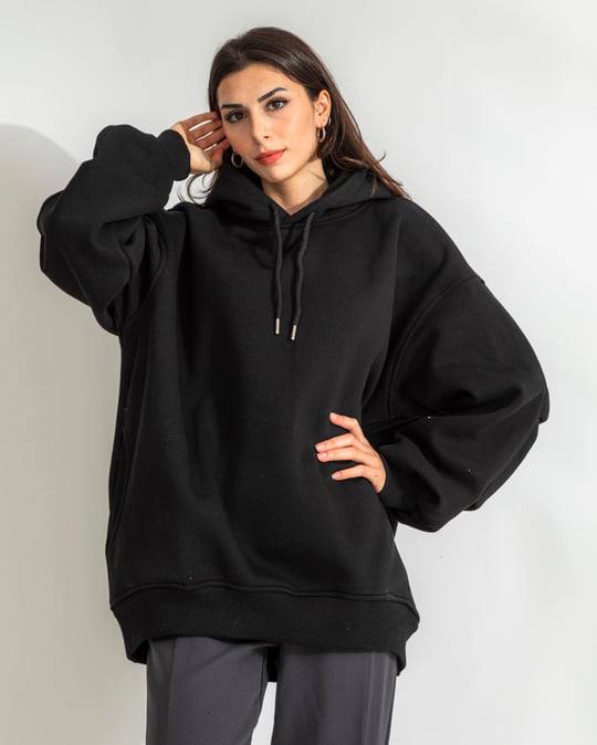 Vatkalı Siyah Kapüşonlu Kadın Sweatshirt L
