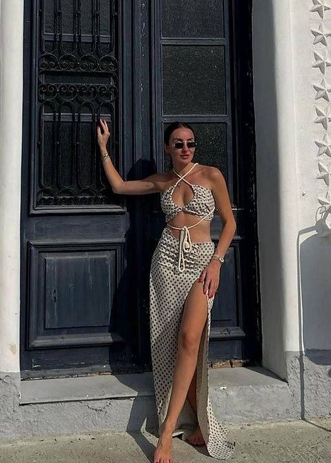 Lamperos Bej Puantiteli Bluz Etek Takım XS