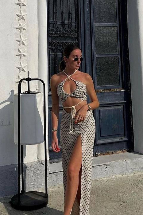 Lamperos Bej Puantiteli Bluz Etek Takım XS