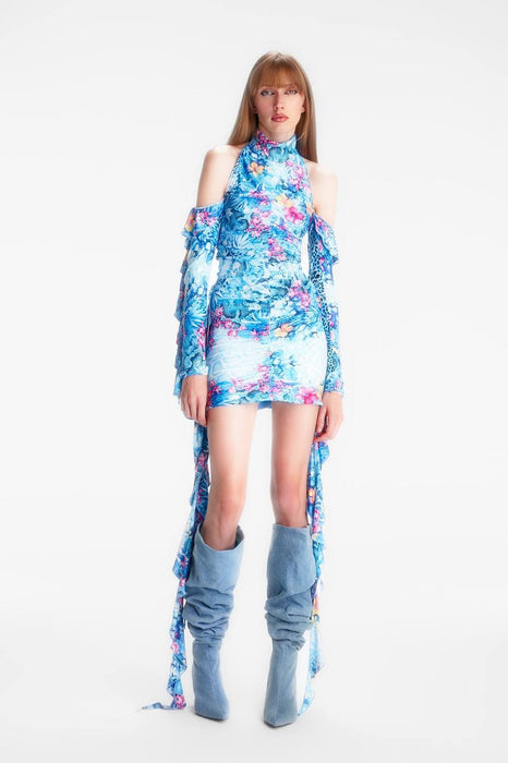 NAIA Mavi Fırfırlı Mini Kadın Elbise XS