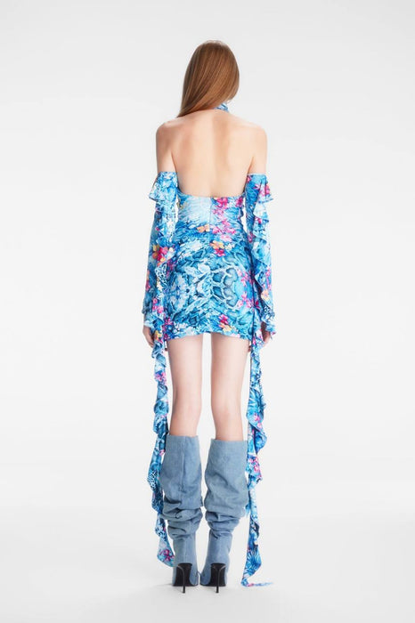 NAIA Mavi Fırfırlı Mini Kadın Elbise XS