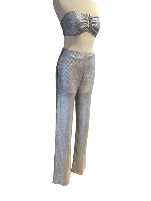 Gri Parlak Kadın Büstiyer Pantolon Takım S