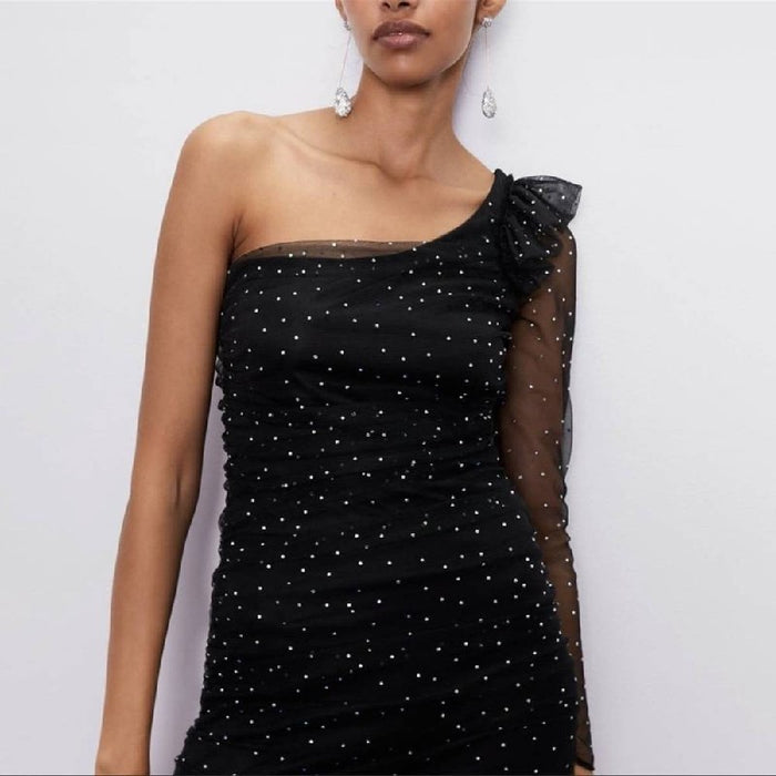 Zara Siyah Kadın Tül Detaylı Elbise XS