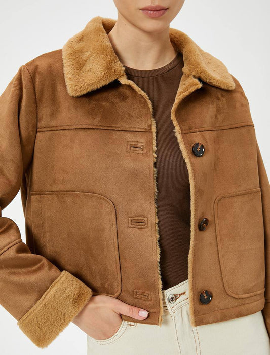 Koton Kahverengi Kadın Suni Deri Süet Ceket Kürk Yaka Düğmeli Cepli Slim Fit S