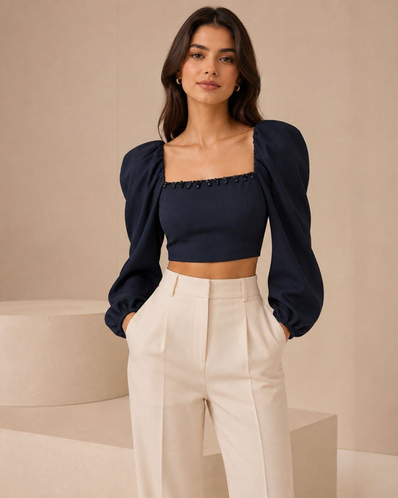 Zeynep Tosun Lacivert Kadın Crop Bluz S
