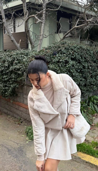 İKİKIZ Bej Kadın Kürk Yakalı Ceket S