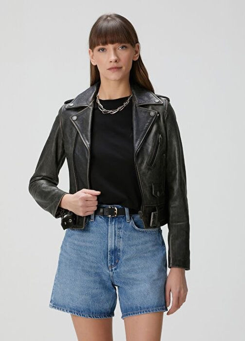 Golden Goose Slim Fit Siyah Deri Biker Ceket XS