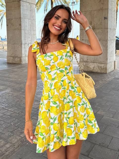 Zara Sarı Kadın Desenli Mini Elbise XS