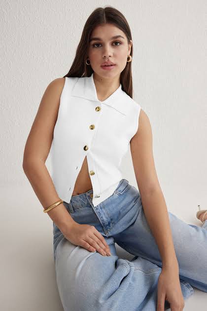 Trendyolmilla Ekru Kadın Crop Triko Bluz S