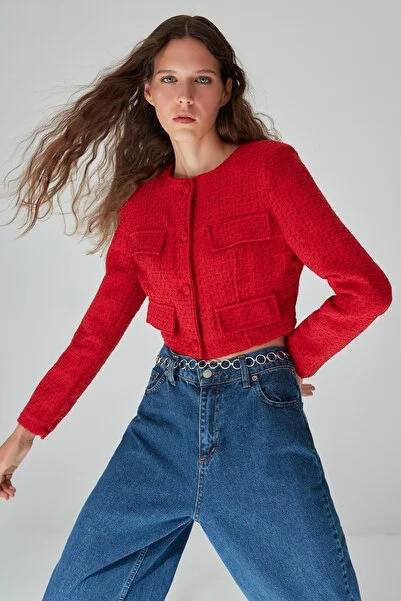 Trendyol Kadın Kırmızı Tüvit Crop Ceket S