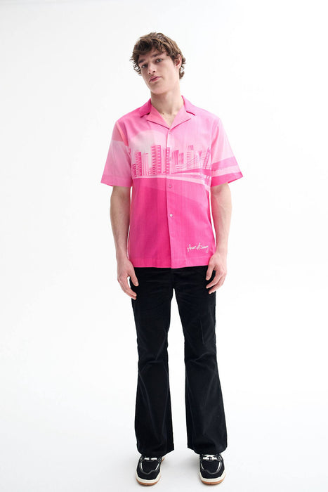 House Of Sunny Oversize Pembe Desenli Retro Keten Pamuk Erkek Gömlek S