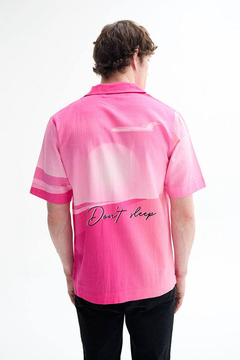 House Of Sunny Oversize Pembe Desenli Retro Keten Pamuk Erkek Gömlek S