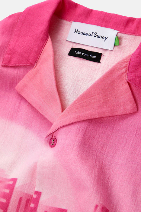 House Of Sunny Oversize Pembe Desenli Retro Keten Pamuk Erkek Gömlek S