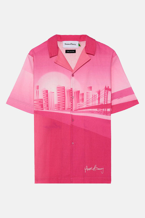 House Of Sunny Oversize Pembe Desenli Retro Keten Pamuk Erkek Gömlek S