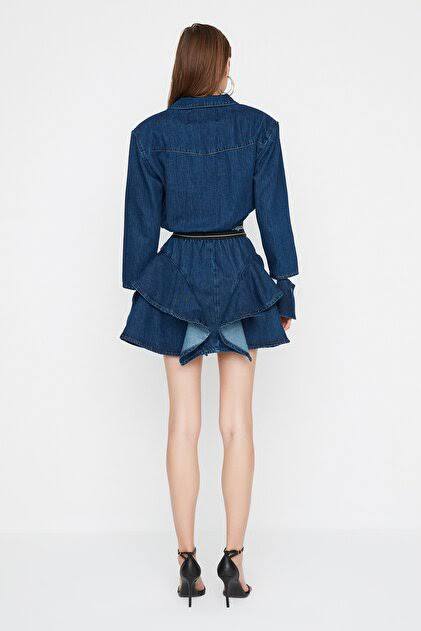 Sagaza Gömlek Yaka Denim Kısa Kadın  Elbise XS