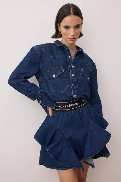 Sagaza Gömlek Yaka Denim Kısa Kadın  Elbise XS