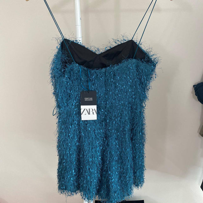 Zara Turkuaz Kadın Püsküllü Elbise XS