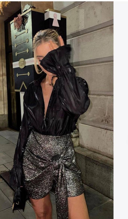 Zara Metalik Kadın Kısa Şort Etek XS