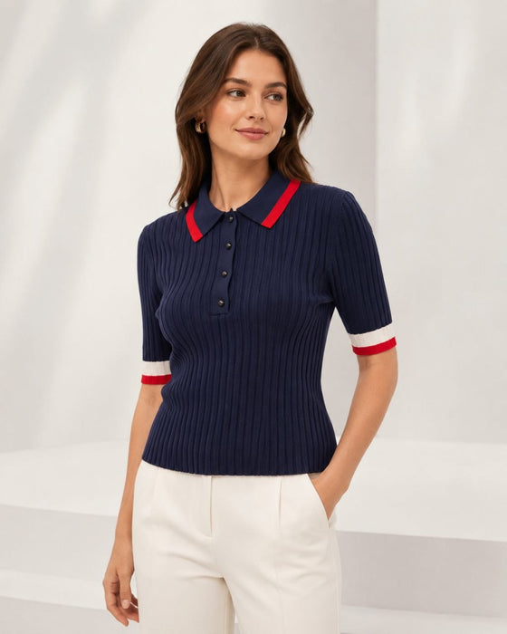 M&S Lacivert Kadın Polo Yaka Triko Tshirt XS
