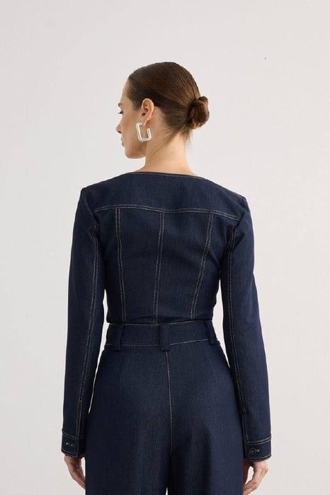 Rue Lacivert Kadın Kare Yaka Cep Detaylı Lacivert Denim Crop Gömlek XS