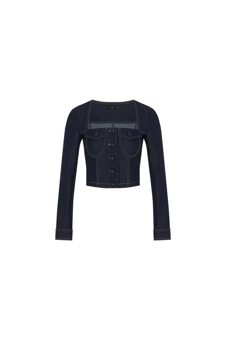Rue Lacivert Kadın Kare Yaka Cep Detaylı Lacivert Denim Crop Gömlek XS
