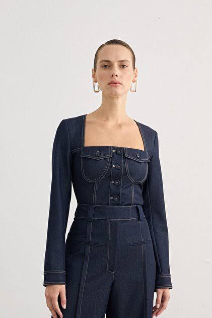 Rue Lacivert Kadın Kare Yaka Cep Detaylı Lacivert Denim Crop Gömlek XS