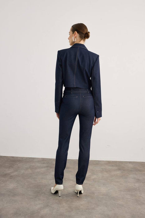 Rue Lacivert Kadın Çift Kemerli Yüksek Bel Denim Pantolon XS