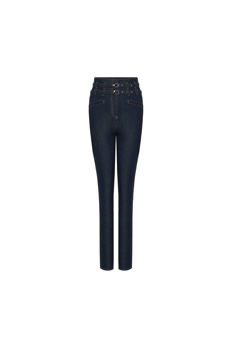 Rue Lacivert Kadın Çift Kemerli Yüksek Bel Denim Pantolon XS