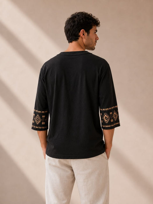 Otantik Siyah Erkek Etnik Desenli Tshirt S